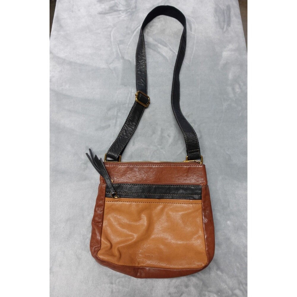 Fossil‎ Cognac Brown Black Colorblock Pebbled Leather Crossbody Bag
